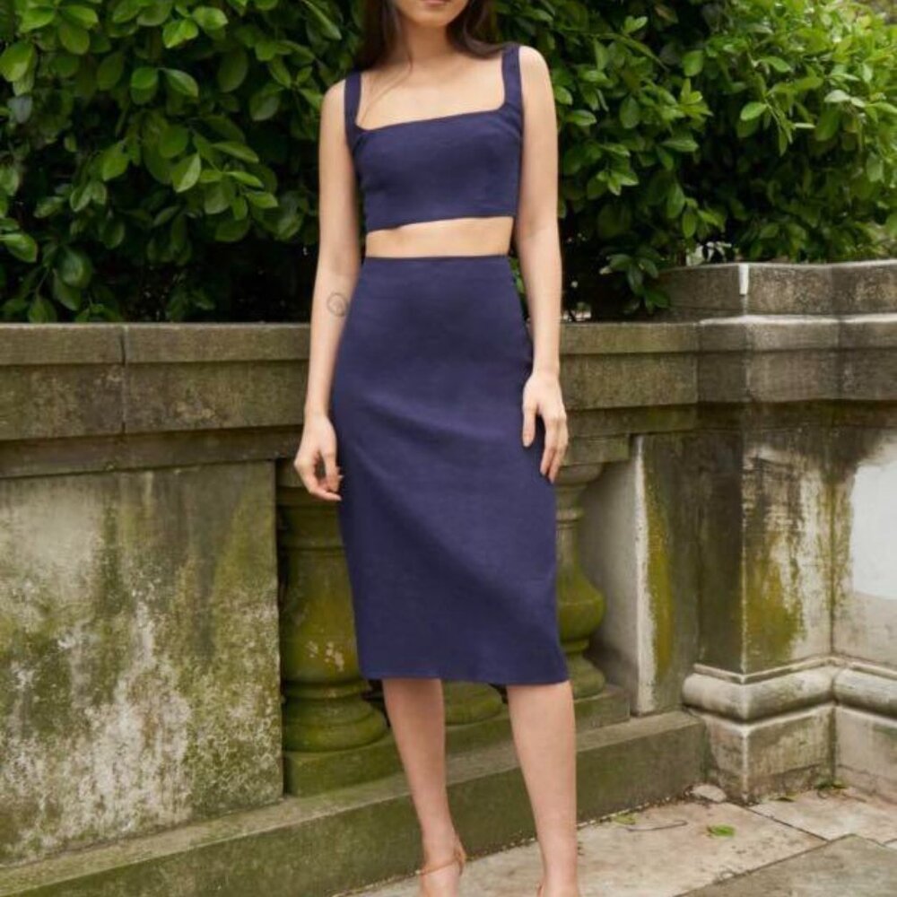 Reformation Primo Two Piece crop top and skirt set in Danube (dark blue)